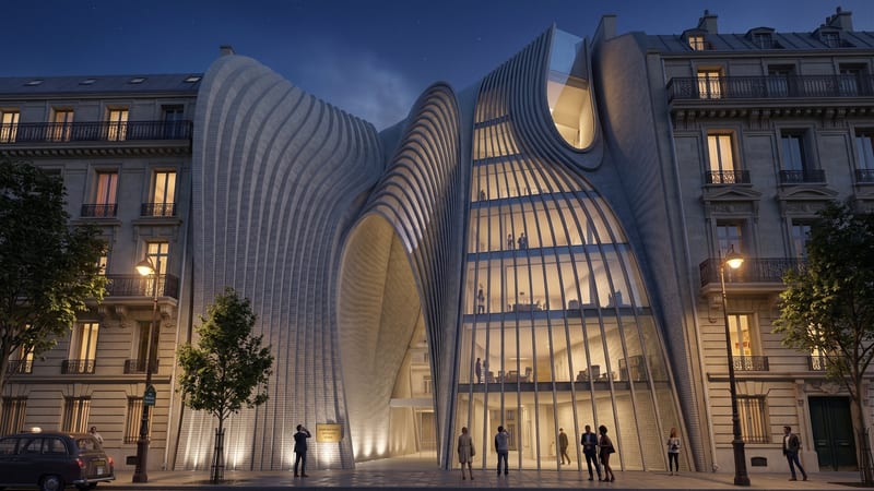Embassy of Iran in Paris designed by Alireza Rezaie — night view of the parametric brick facade set between Haussmann buildings