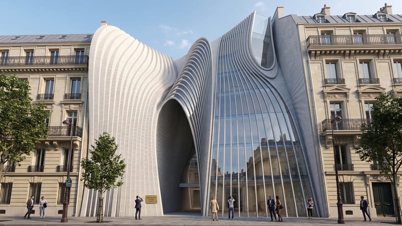Embassy of Iran in Paris designed by Alireza Rezaie — daylight view of the layered parametric facade and glazed entrance